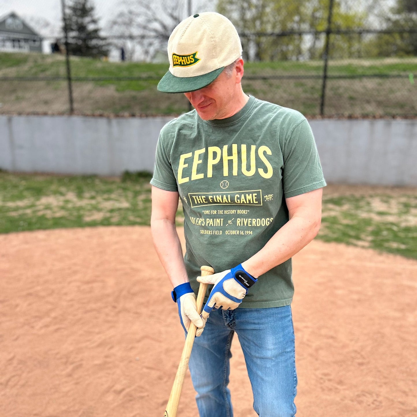 Pictured: Actor Stephen Radochia (Riverdogs player Graham Morris in Eephus) wearing the Eephus Banner Hat and Eephus Final Game T-shirt