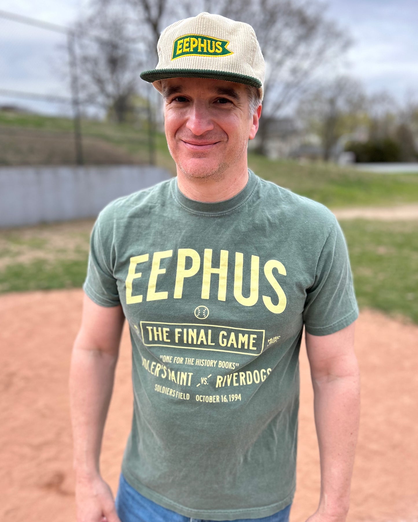 Pictured: Actor Stephen Radochia (Riverdogs player Graham Morris in Eephus) wearing the Eephus Final Game T-shirt and Eephus Banner Hat
