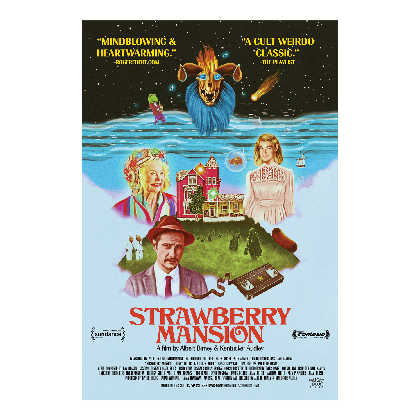Movie poster for 'Strawberry Mansion' distributed by Music Box Films with characters and text on a colorful background.