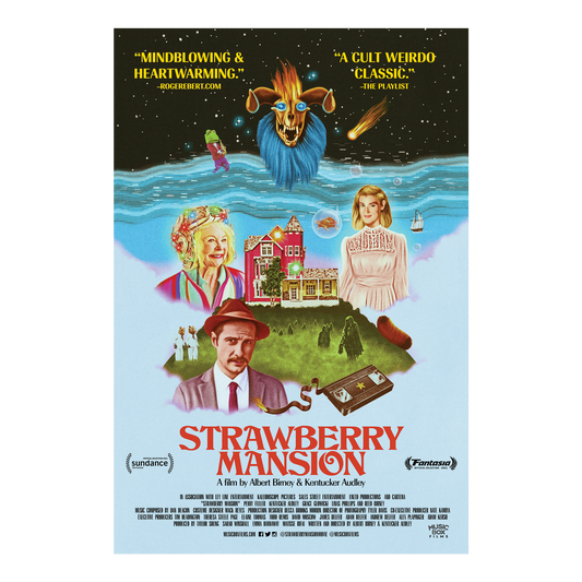 Movie poster for 'Strawberry Mansion' distributed by Music Box Films with characters and text on a colorful background.